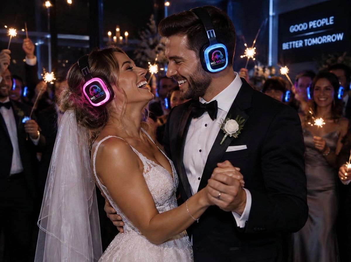 Bride and groom dancing in glowing No Noise silent disco headphones as guests hold sparklers