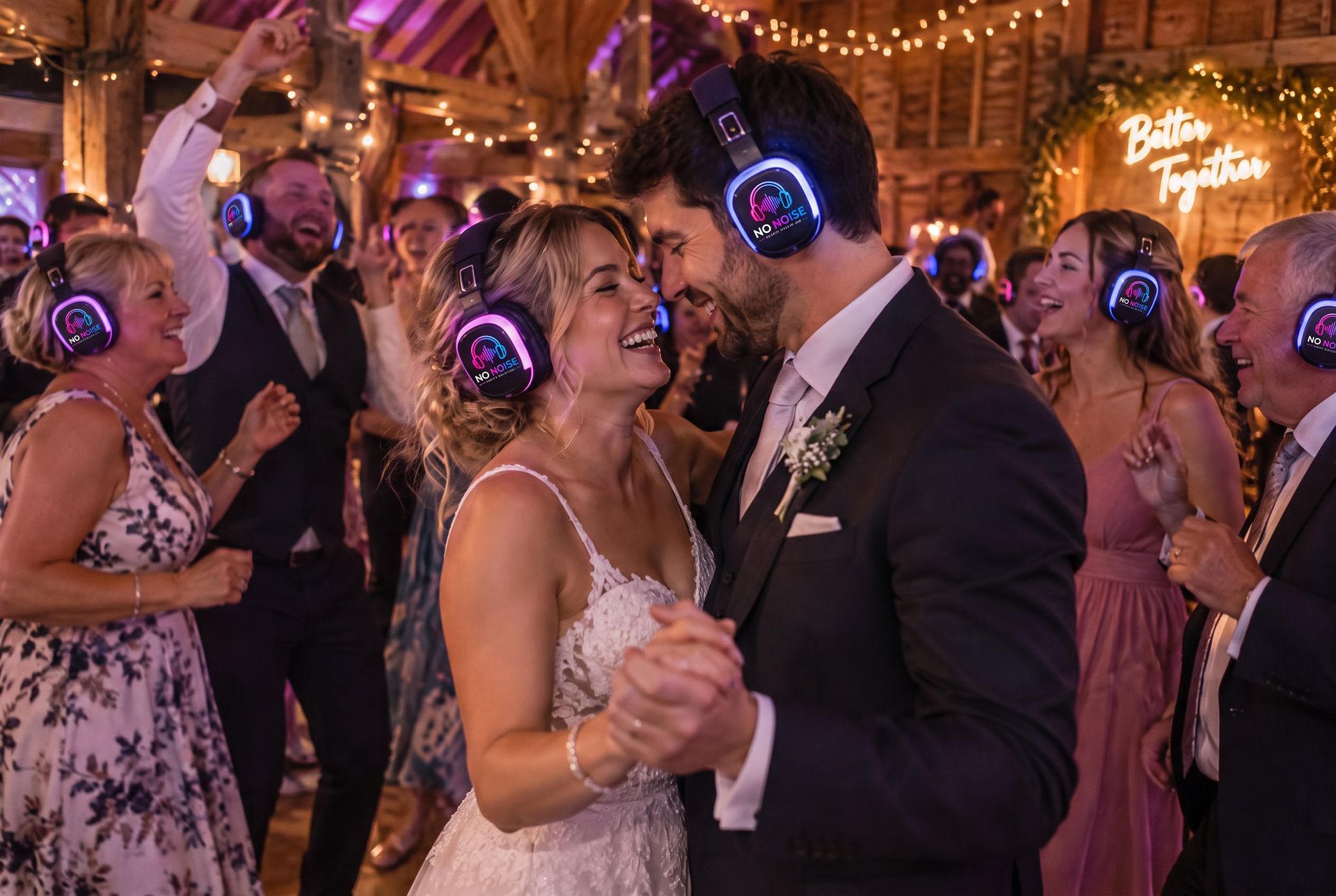Wedding guests dancing in glowing pink and blue LED silent disco headphones at a Devon barn reception