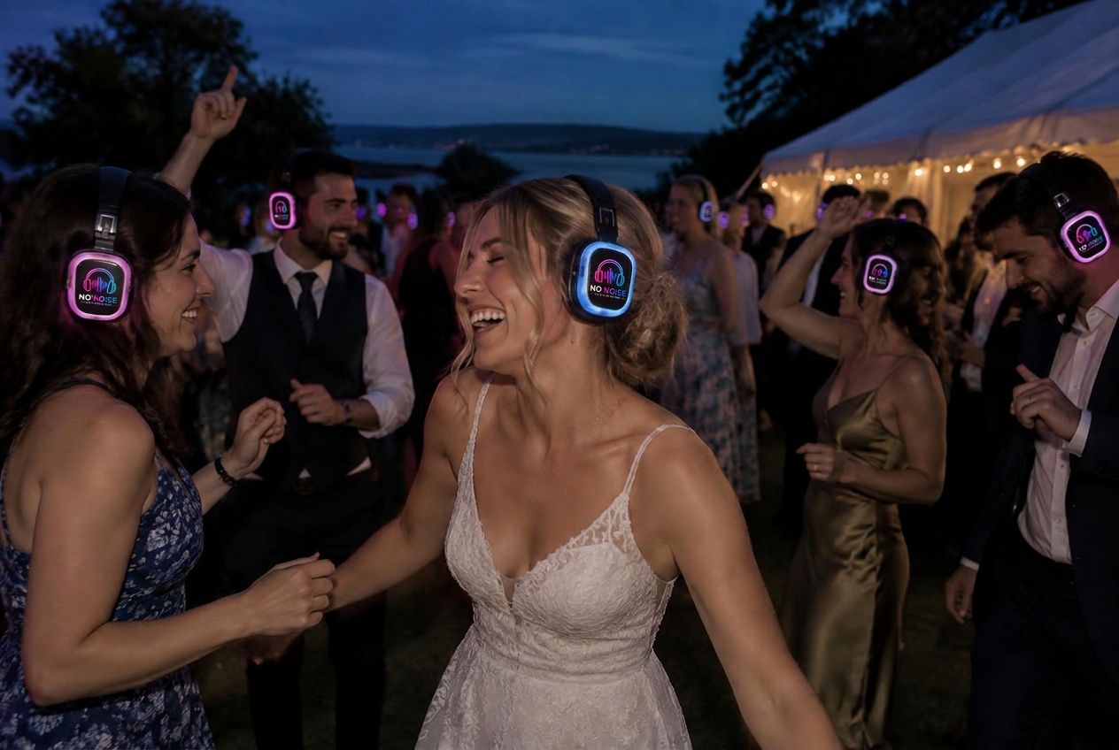 Wedding guests dancing outdoors beside a Devon marquee wearing glowing No Noise headphones