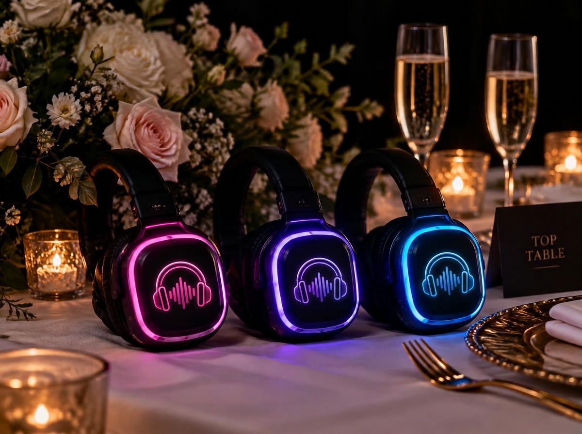 Three No Noise LED silent disco headphones glowing pink, purple and blue on a wedding top table